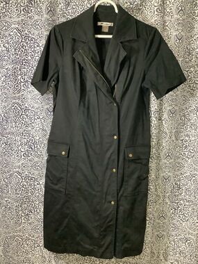 Black Short-Sleeve Midi Shirt Dress with Snap Front